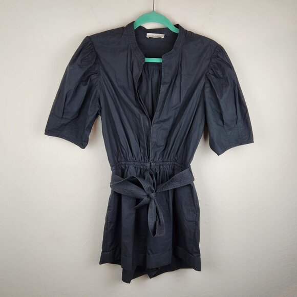 A.L.C. Erica Black Puff Sleeve Belted Romper Lightweight Cotton sz 4 - Picture 3 of 13